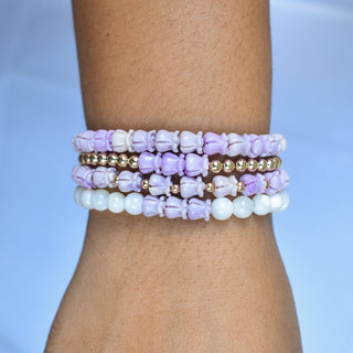 Mother of Pearl Round Beaded Stretchy Bracelet with Three Crown Flowers - Yay Hawaii