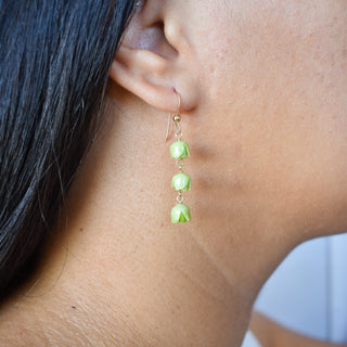 Yay Hawaii dangling Pakalana earrings with three linked floral charms, featuring intricate gold-tone design and vibrant flower details.