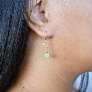 Yay Hawaii Crescent Moon Pakalana earrings featuring gold-tone crescent moon and Pakalana flower design on a white background
