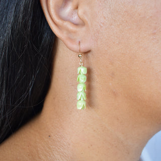 Long Five Cluster Pakalana Earrings by Yay Hawaii featuring handmade floral cluster design with vibrant green and purple petals.