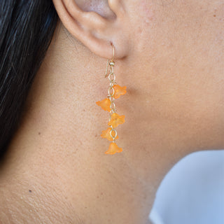 Yay Hawaii Five Cascading Puakenikeni Earrings with floral design and gold-tone accents, hanging jewelry for women.