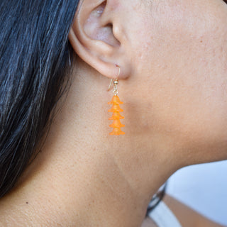 Long Five Cluster Puakenikeni Earrings by Yay Hawaii featuring hanging floral-inspired jewelry with vibrant yellow flower clusters.