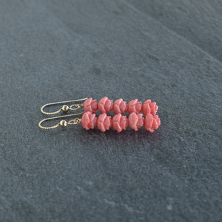 Long Five Cluster Lokelani Earrings by Yay Hawaii featuring elegant floral-inspired design with vibrant red and pink Lokelani blossoms.