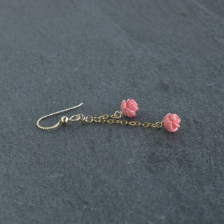 Yay Hawaii Double Dangle Lokelani Earrings with pink flower design, hanging from silver hooks, showcasing tropical floral jewelry style.