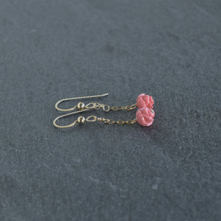 Yay Hawaii Single Dangle Lokelani Earrings with floral design and gold hooks hanging gracefully.