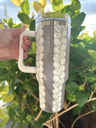 Yay Hawaii Pikake 40oz tumbler with floral design, large stainless steel drink container with colorful tropical print