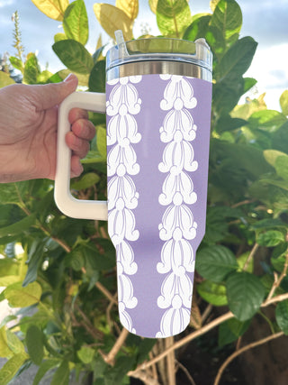 Yay Hawaii Pua Kalaunu 40oz tumbler with colorful floral design and stainless steel body, suitable for hot and cold beverages.