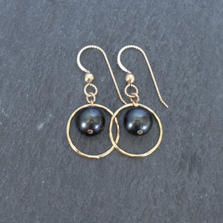 Small Hoop Earrings with 8mm Black Pearls - Yay Hawaii