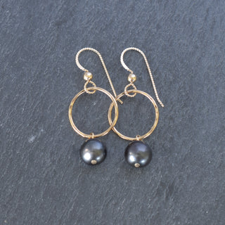 Small Hoop Earrings with Dangling 8mm Black Pearls - Yay Hawaii