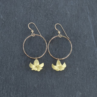 Medium hoop earrings with dangling large Puakenikeni flower from Yay Hawaii, available in multiple colors.