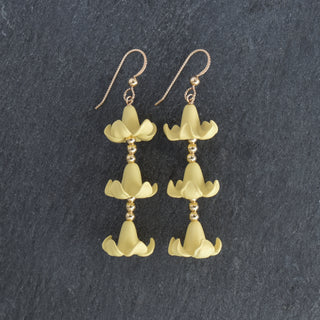 Yay Hawaii triple Big Puakenikeni 3mm accent bead stick earrings in vibrant colors, showcasing their elegant, handcrafted design.