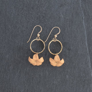 Yay Hawaii small hoop earrings with large Puakenikeni flower charm in various colors, tropical floral jewelry accessory