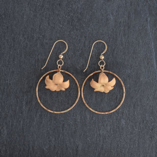 Medium hoop earrings with large Puakenikeni flower design by Yay Hawaii, available in multiple colors.