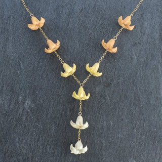 Yay Hawaii Y Lariat Big Puakenikeni Necklace with colorful floral pendant, handcrafted Hawaiian jewelry for women.