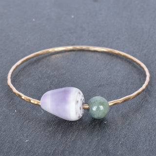 Purple cone shell bangle with Burmese jade accents, handcrafted jewelry by Yay Hawaii featuring natural ocean-inspired design.