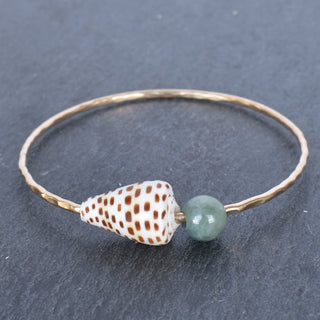 Black and white spotted cone bangle with Burmese jade accents, stylish jewelry piece by Yay Hawaii.