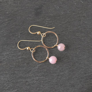 Small gold hoop earrings with dangling 6mm rose quartz stones, stylish jewelry by Yay Hawaii.