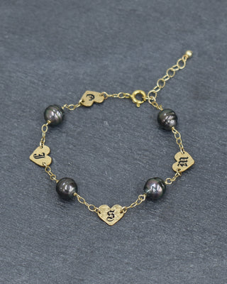 Yay Hawaii engraved heart charm and pearl chain linked bracelet featuring a delicate silver design and elegant pearl accents.