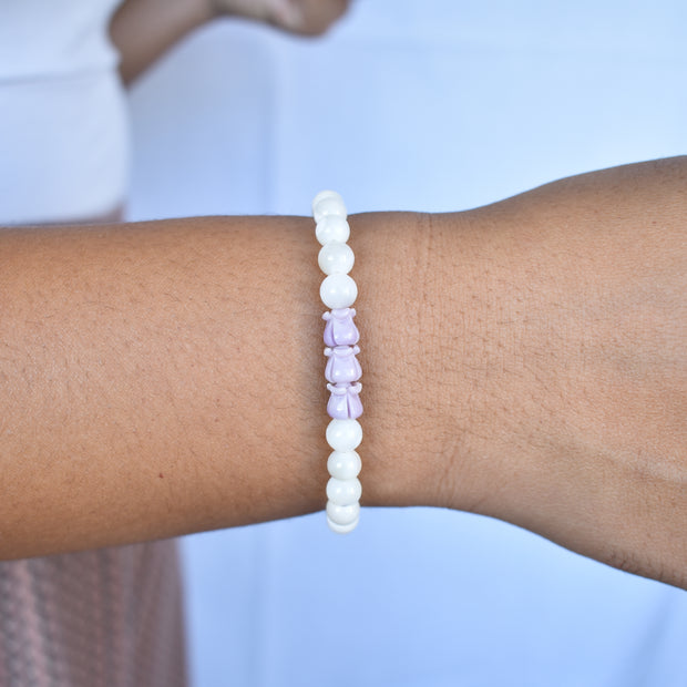 Mother of Pearl Round Beaded Stretchy Bracelet with Three Crown Flowers - Yay Hawaii