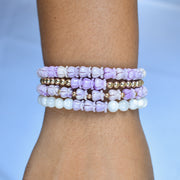 Keiki - Mother of Pearl Round Beaded Stretchy Bracelet with Three Crown Flowers - Yay Hawaii