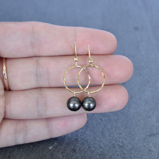 Small Hoop Earrings with Dangling 8mm Black Pearls - Yay Hawaii