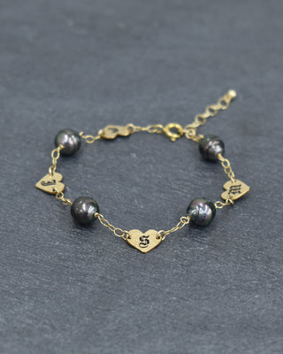 Engraved Heart Charm and Pearl Chain Linked Bracelet