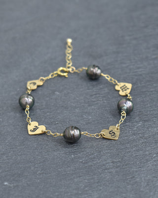 Engraved Heart Charm and Pearl Chain Linked Bracelet