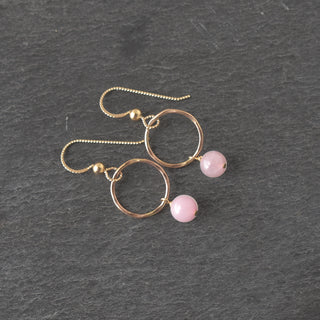 Small Hoop Earrings with Dangling 6mm Rose Quartz