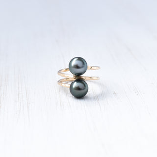 Tahitian pearl double bypass ring featuring black pearls and sterling silver band, elegant jewelry piece from Yay Hawaii.