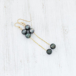 Tahitian pearl double dangle earrings by Yay Hawaii featuring black pearls and silver hooks.