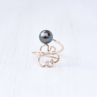 Yay Hawaii Monstera Bypass Pearl Ring featuring Tahitian or freshwater pearl and gold-tone band, botanical-inspired jewelry.