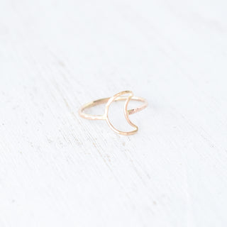 Silver crescent moon stacking ring by Yay Hawaii with engraved details, designed for layered jewelry styles.