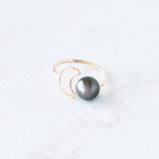 Silver crescent moon pearl bypass ring by Yay Hawaii featuring a sleek design with a prominent pearl accent.