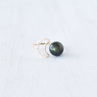 Silver crescent moon pearl bypass ring from Yay Hawaii with a sleek, modern design and smooth finish.