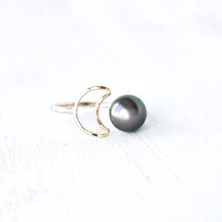 Silver crescent moon pearl bypass ring by Yay Hawaii with a sleek design and a single pearl accent.