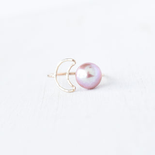 Crescent Moon Edison Pearl bypass ring by Yay Hawaii featuring a silver band with Edison pearl accents and moon-shaped design.