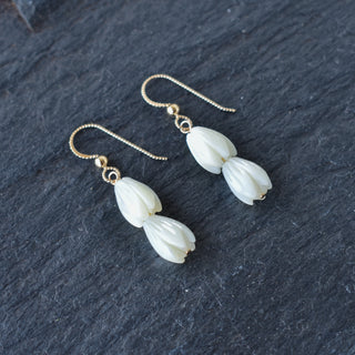 Double medium mother of pearl Pikake cluster earrings by Yay Hawaii featuring elegant floral design with pearl accents.