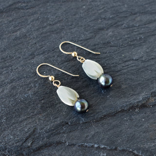 Medium Pikake Pearl Earrings with black pearls by Yay Hawaii, featuring elegant pearl dangles and floral-inspired design.