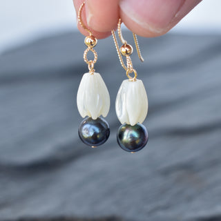 Medium Pikake pearl earrings with black pearls by Yay Hawaii, featuring elegant white and black pearl drops.