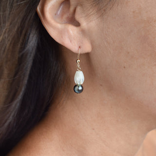 Medium Pikake pearl earrings with black pearls by Yay Hawaii, showcasing elegant white and black pearl dangle earrings.