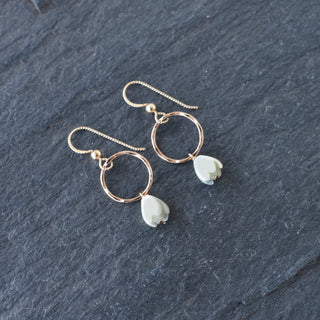 Yay Hawaii hoop earrings with dangling small mother of pearl Pikake flower jewelry, silver-tone hoops with floral accents