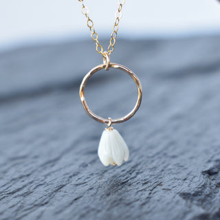 Small hoop necklace with a Pikake flower pendant, showcasing Yay Hawaii's tropical jewelry design.
