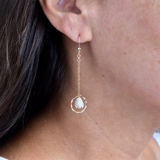 Dangling chain link hoop earrings by Yay Hawaii with small mother of pearl Pikake flower accents.