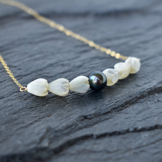 Long Pikake Pearl Bar statement necklace by Yay Hawaii featuring a delicate pearl and bar design on a gold-tone chain.