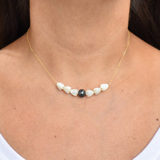 Long Pikake Pearl Bar statement necklace by Yay Hawaii with white pearls and gold-tone bar design.
