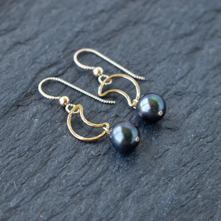 Silver crescent moon earrings with hanging pearls, stylish jewelry by Yay Hawaii, featuring celestial-inspired design