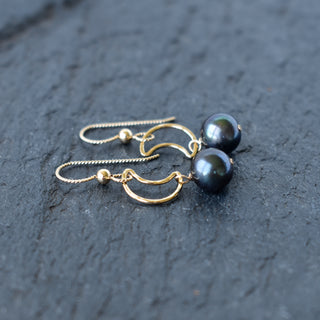 Yay Hawaii crescent moon earrings with hanging pearls, silver-tone jewelry featuring celestial design and elegant pearl accents.