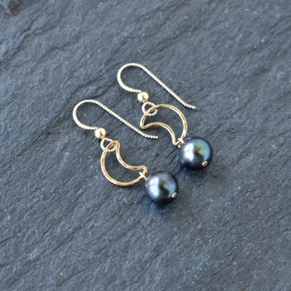 Silver crescent moon earrings with white pearls, elegant jewelry by Yay Hawaii, featuring moon and pearl design.