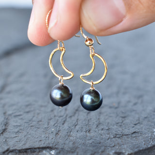 Silver crescent moon earrings with hanging pearls, stylish jewelry by Yay Hawaii, perfect for elegant accessories.