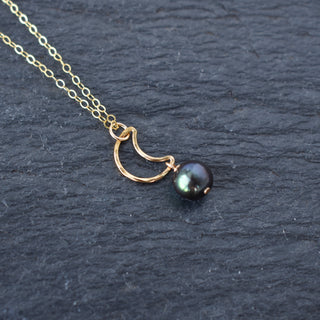 Crescent moon necklace with 8mm black freshwater pearl, silver chain, elegant jewelry accessory from Yay Hawaii